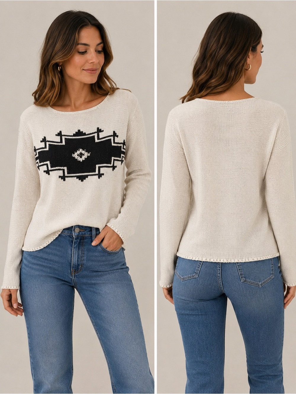 Ralph Lauren Cream Sweater with Black Geometric Chest Motif